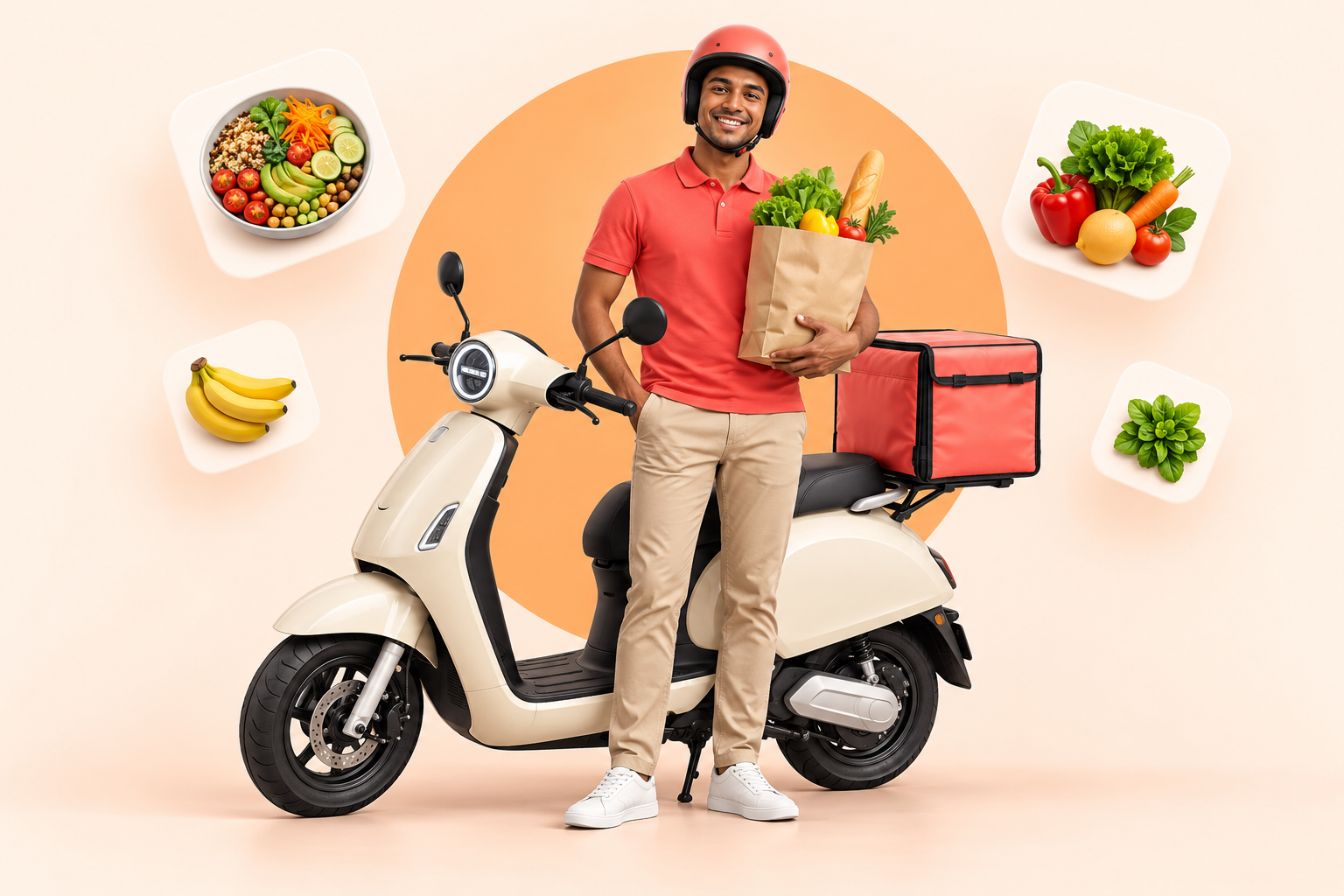 Courier beside a scooter with groceries, illustrated for NIVS delivery services
